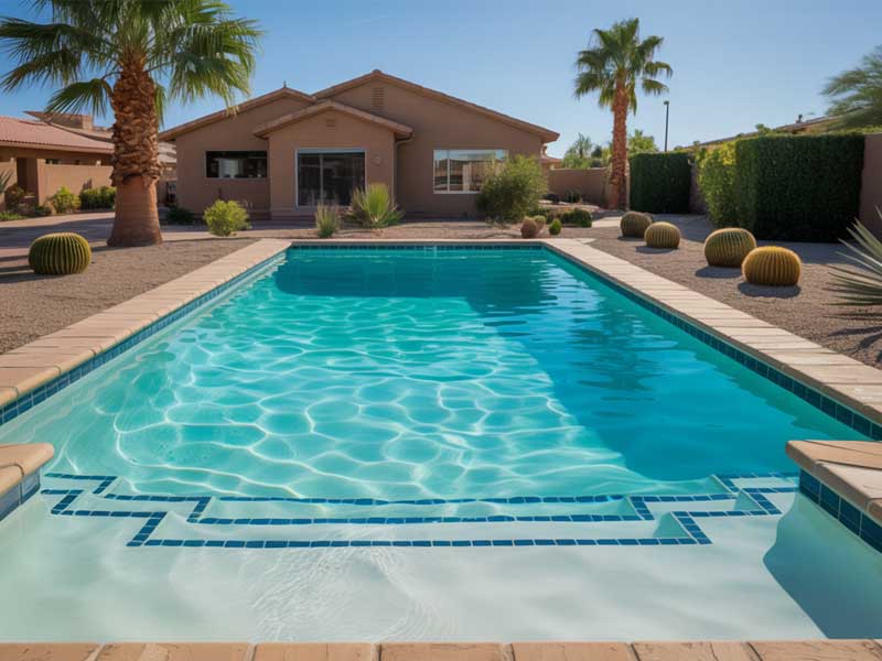 A rectangular swimming pool with clear water in a desert-style backyard, with palm trees, cacti, gravel, and a single-story house in the background.